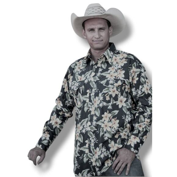Cowboy Gang Shirt Men's 2XL Blue Pearl Snap Hawaii Floral PLUMERIA Western Boho - Picture 1 of 16